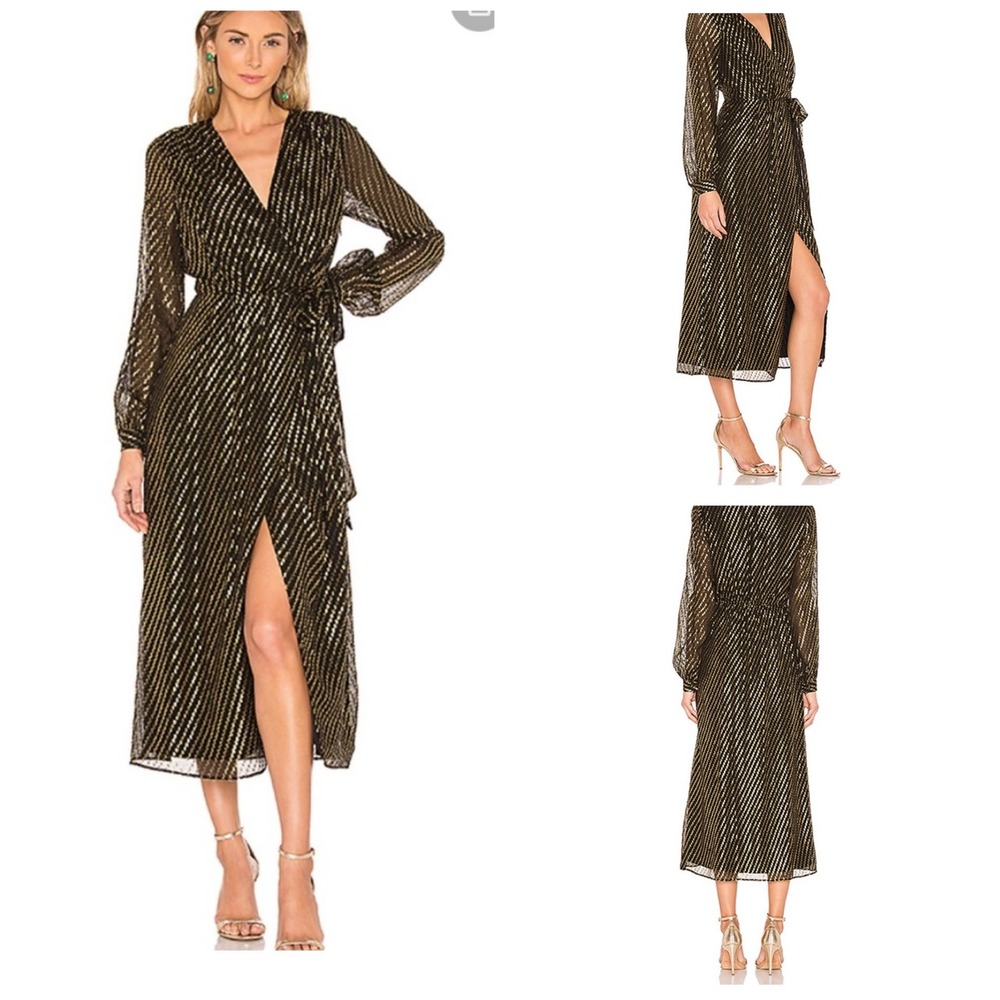 L'Academie Silk Wrap Midi Dress Womens Small Black Gold Metallic Stripe Luxe